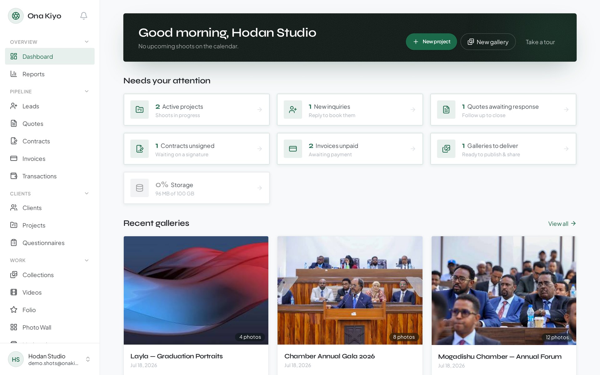 Ona Kiyo studio dashboard